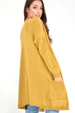 Rebellious Fashion Mustard Knitted Longline Bobble Cardigan - Annette
