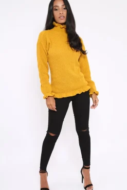 Rebellious Fashion Mustard Knitted Ruffle Jumper with Elasticated hems - Kayleigh