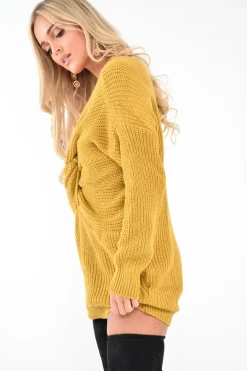 Rebellious Fashion Mustard Knot Front Jumper Dress - Hydee