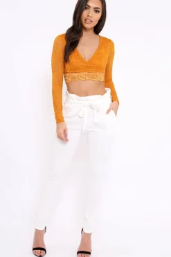 Rebellious Fashion Mustard Lace Plunge Scalloped Hem Crop Top - Elouise