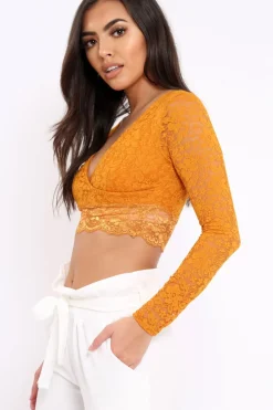 Rebellious Fashion Mustard Lace Plunge Scalloped Hem Crop Top - Elouise