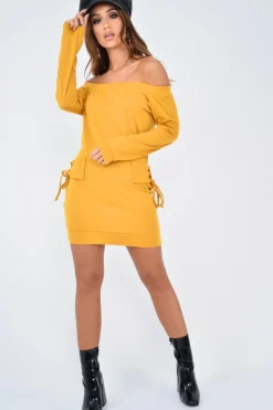 Rebellious Fashion Mustard Lace Up detail Bardot Jumper Dress - Aarna