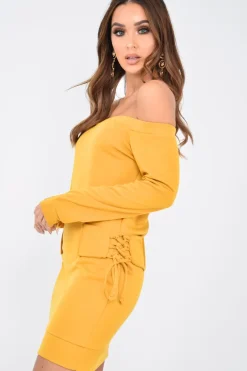 Rebellious Fashion Mustard Lace Up detail Bardot Jumper Dress - Aarna