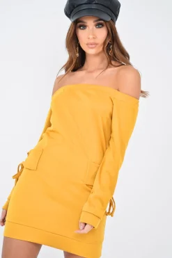 Rebellious Fashion Mustard Lace Up detail Bardot Jumper Dress - Aarna