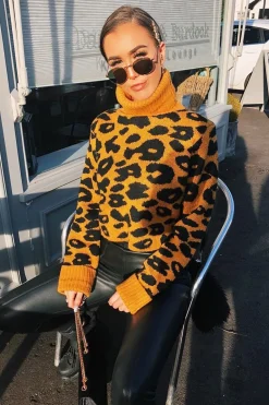 Rebellious Fashion Mustard Leopard Crop Roll Neck Jumper - Halley