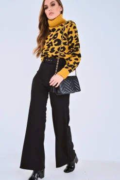 Rebellious Fashion Mustard Leopard Crop Roll Neck Jumper - Halley