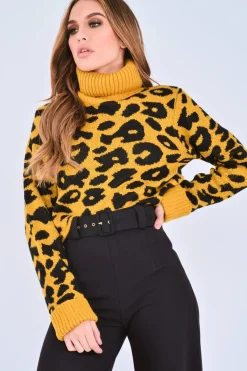 Rebellious Fashion Mustard Leopard Crop Roll Neck Jumper - Halley