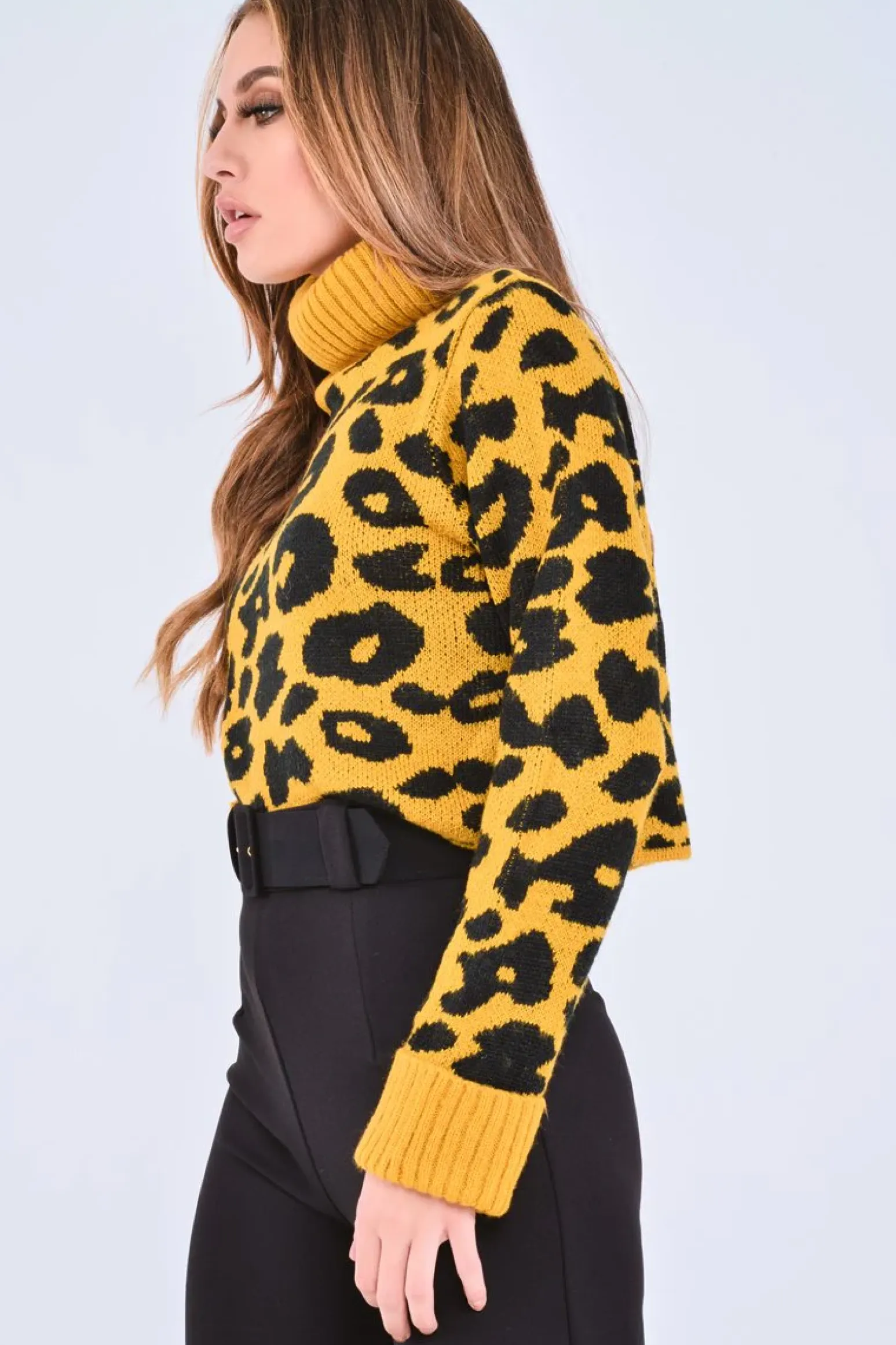 Rebellious Fashion Mustard Leopard Crop Roll Neck Jumper - Halley