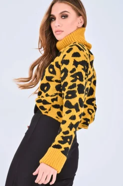 Rebellious Fashion Mustard Leopard Crop Roll Neck Jumper - Halley