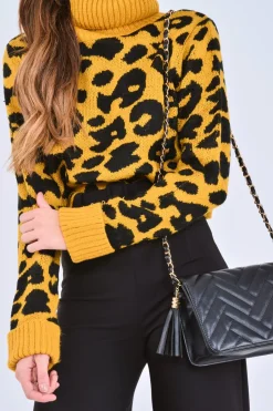Rebellious Fashion Mustard Leopard Crop Roll Neck Jumper - Halley