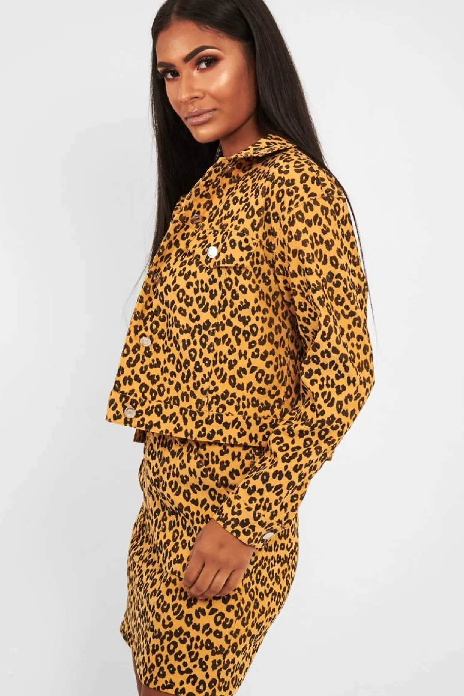 Rebellious Fashion Mustard Leopard Crop Trucker Jacket And Skirt Co-ord - Adalay