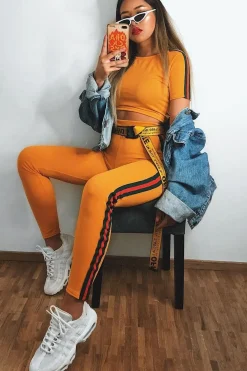 Rebellious Fashion Mustard loungewear set with Side Stripe Sports Trim Detail - Lear
