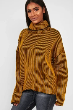 Rebellious Fashion Mustard Ottoman Rib Roll Neck Jumper - Renee