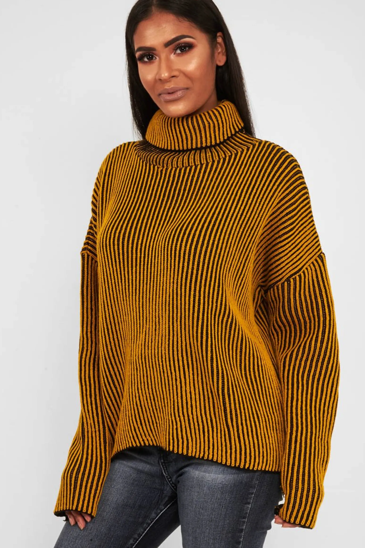 Rebellious Fashion Mustard Ottoman Rib Roll Neck Jumper - Renee
