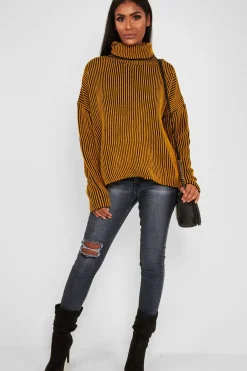 Rebellious Fashion Mustard Ottoman Rib Roll Neck Jumper - Renee