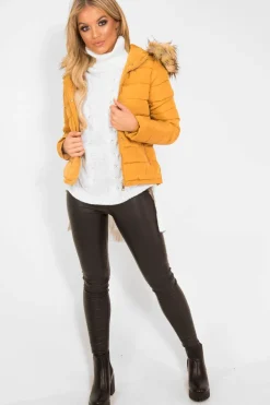 Rebellious Fashion Mustard Padded Coat with Fur Trim Hood - Helena