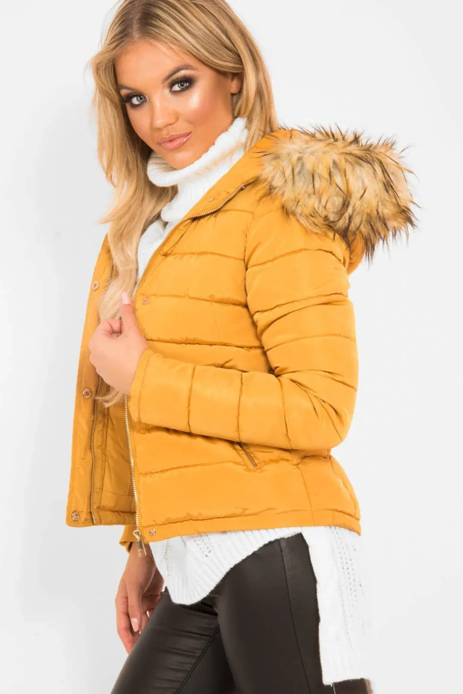Rebellious Fashion Mustard Padded Coat with Fur Trim Hood - Helena