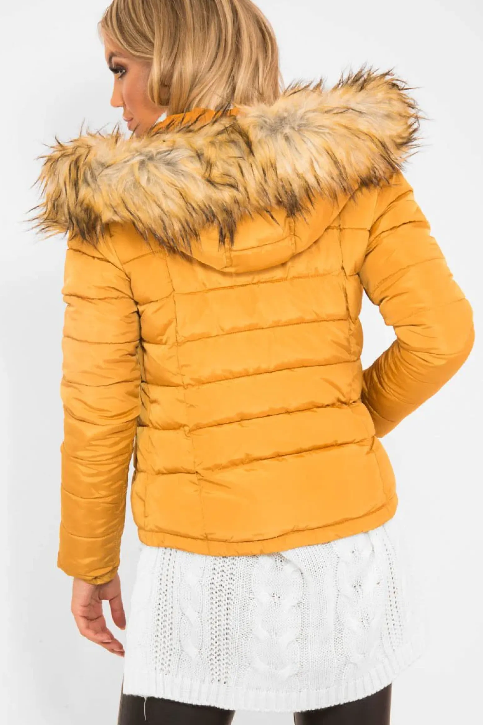 Rebellious Fashion Mustard Padded Coat with Fur Trim Hood - Helena