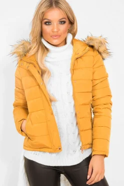 Rebellious Fashion Mustard Padded Coat with Fur Trim Hood - Helena