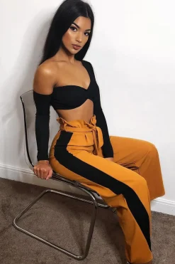 Rebellious Fashion Mustard Paper Bag Tie Waist Wide Leg Trousers With Black Stripe - Kennedy