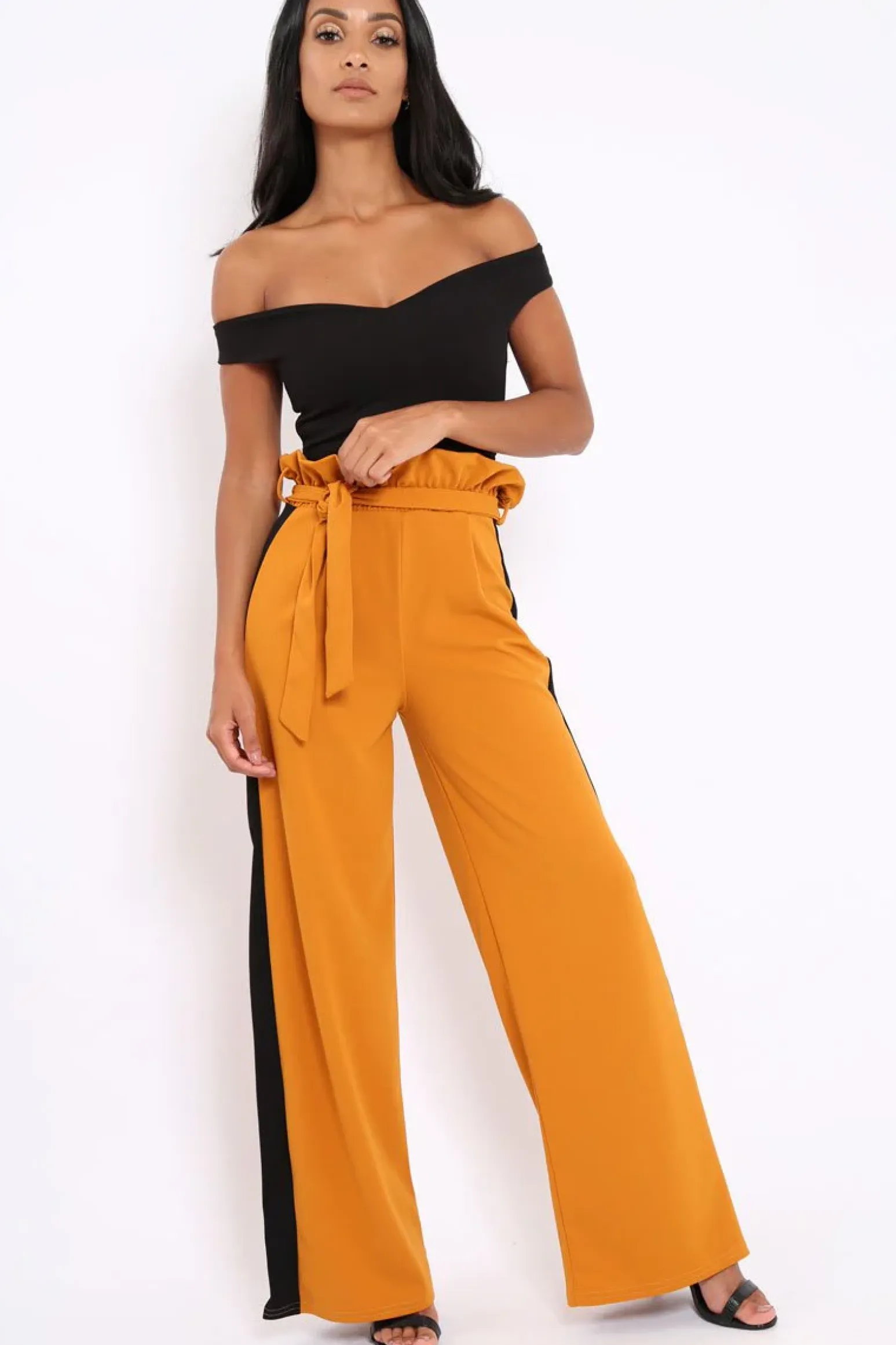 Rebellious Fashion Mustard Paper Bag Tie Waist Wide Leg Trousers With Black Stripe - Kennedy