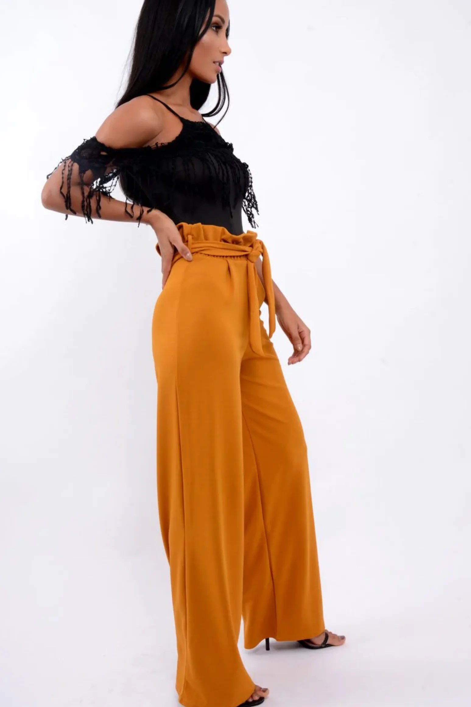 Rebellious Fashion Mustard Paper Bag Tie Waist Wide Leg Trousers - Kennedy