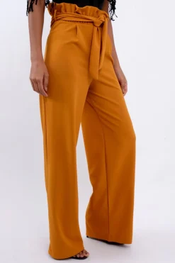 Rebellious Fashion Mustard Paper Bag Tie Waist Wide Leg Trousers - Kennedy
