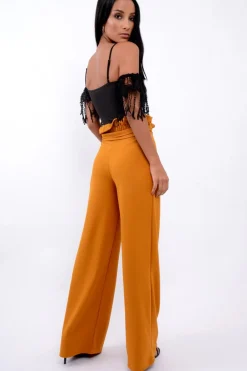 Rebellious Fashion Mustard Paper Bag Tie Waist Wide Leg Trousers - Kennedy