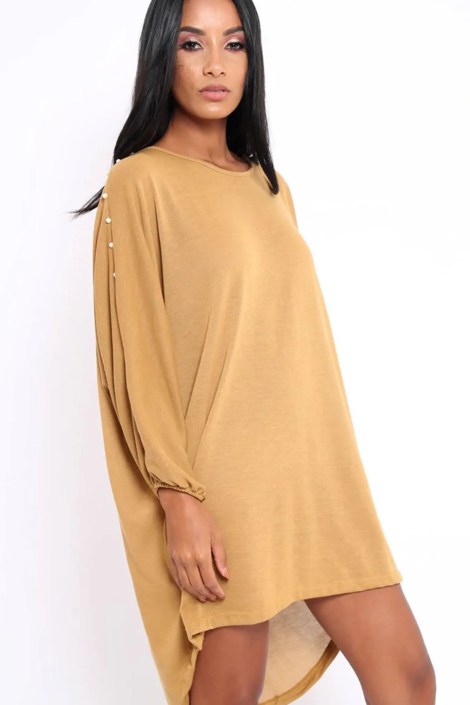Rebellious Fashion Mustard Pearl Detail Jumper Dress - Ammi