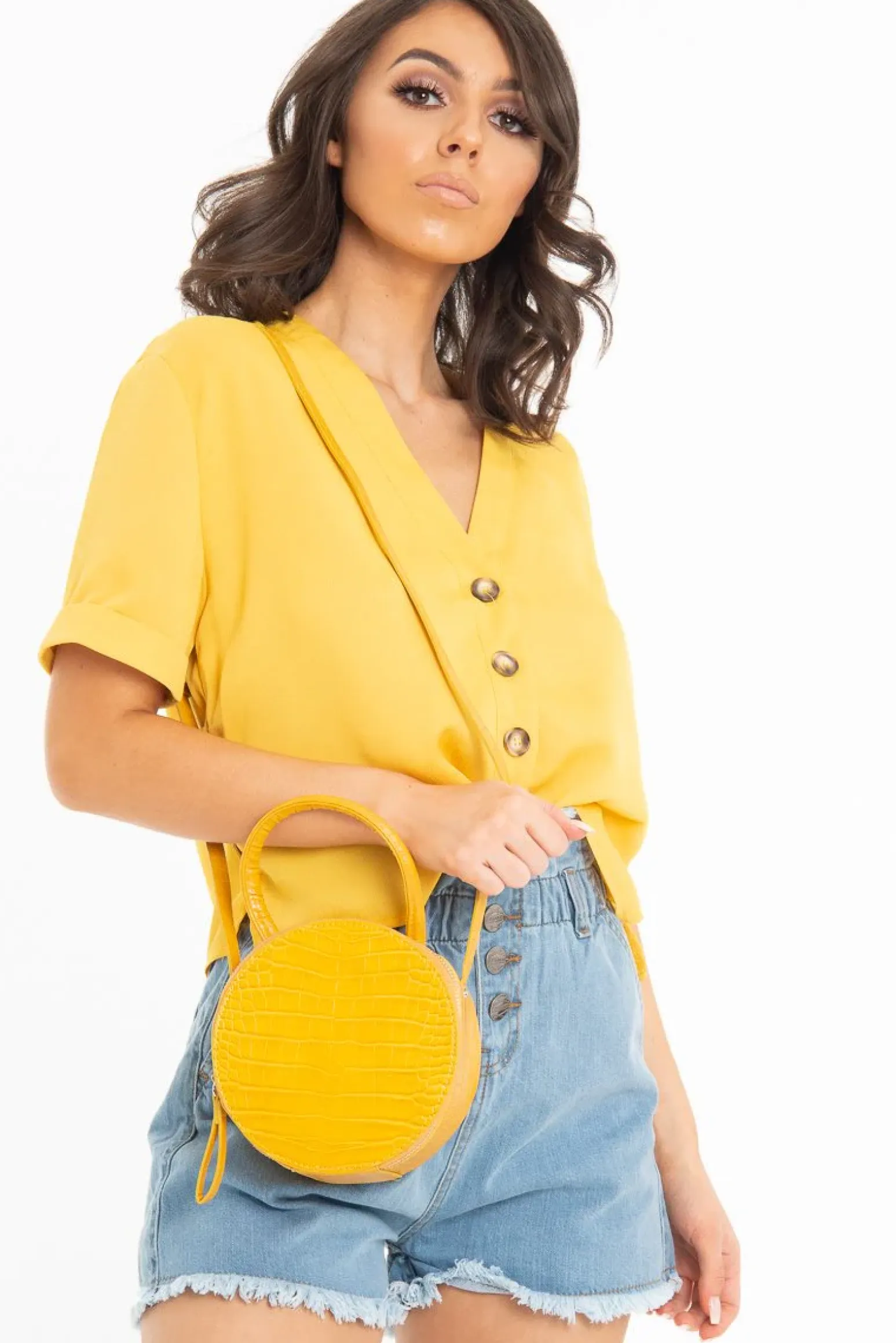 Rebellious Fashion Mustard Plunge Button Up Crop Blouse - Merina