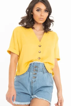 Rebellious Fashion Mustard Plunge Button Up Crop Blouse - Merina