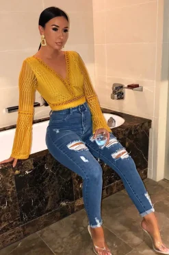Rebellious Fashion Mustard Plunge Lace Crochet Long Sleeved Bodysuit - Edyn