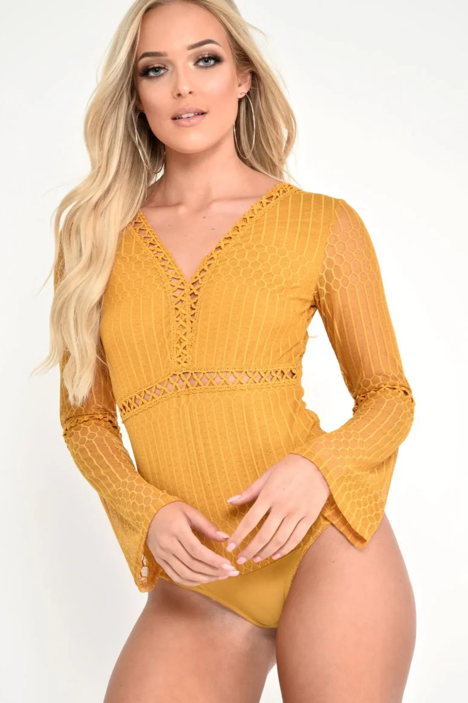 Rebellious Fashion Mustard Plunge Lace Crochet Long Sleeved Bodysuit - Edyn