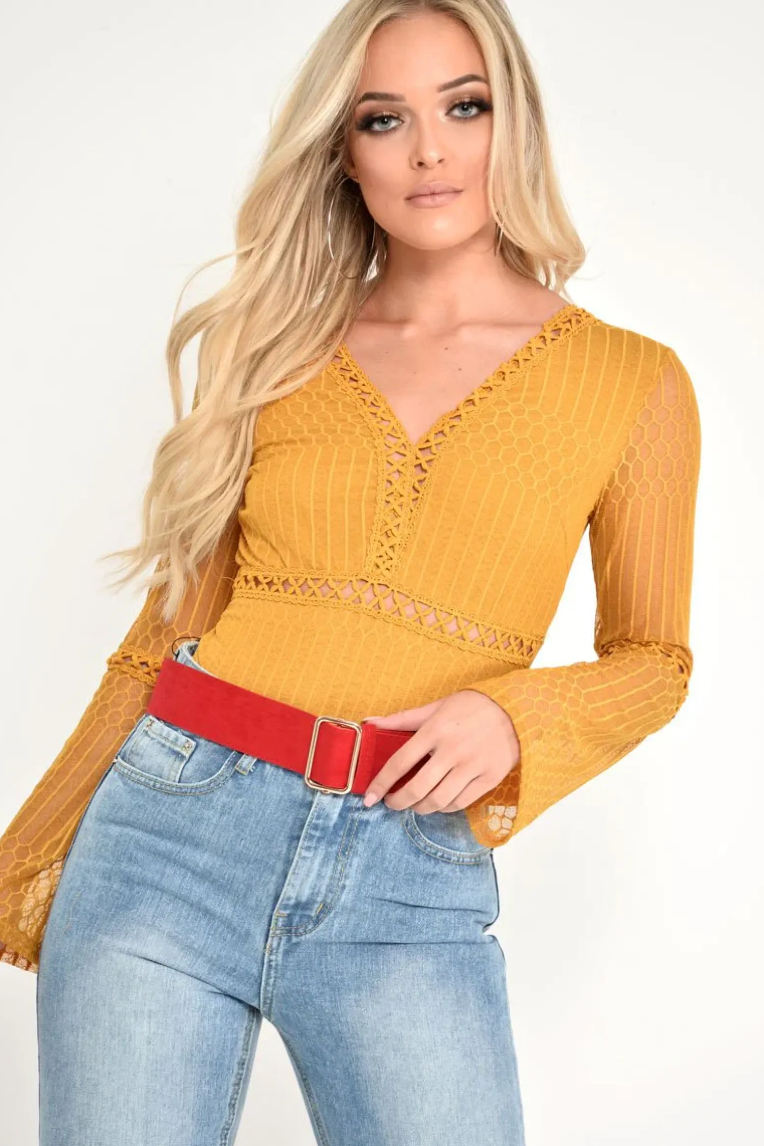 Rebellious Fashion Mustard Plunge Lace Crochet Long Sleeved Bodysuit - Edyn