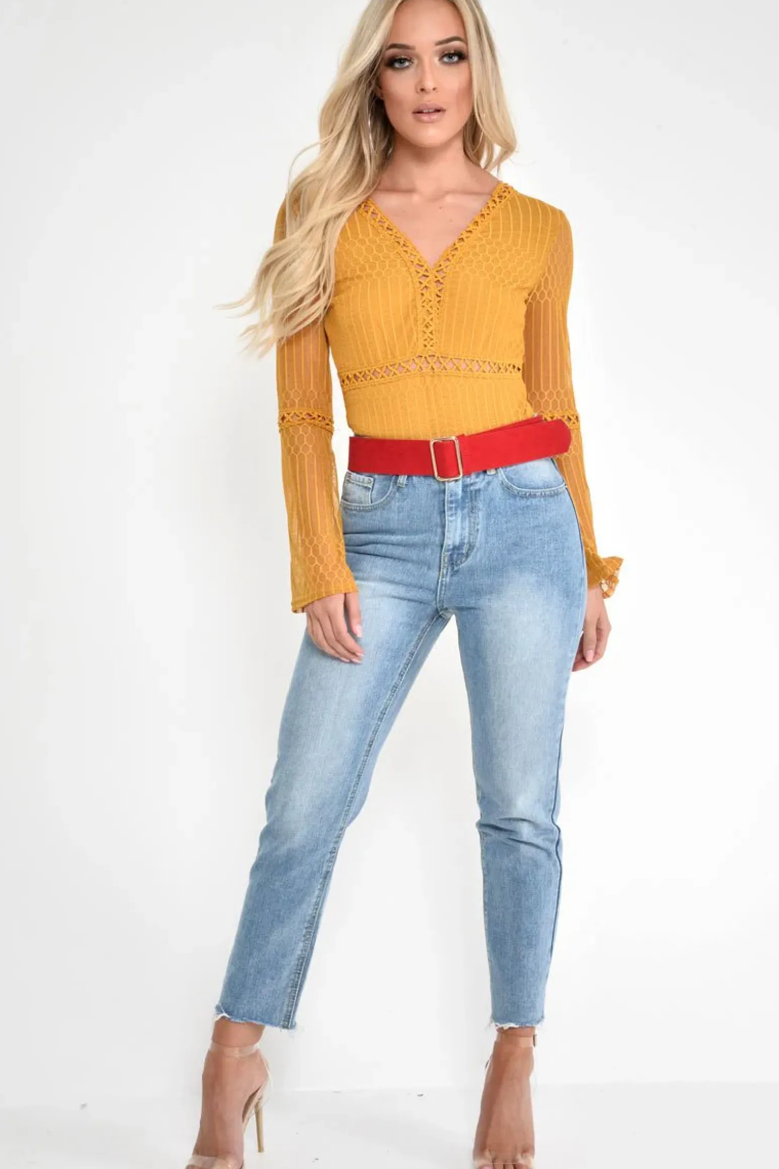 Rebellious Fashion Mustard Plunge Lace Crochet Long Sleeved Bodysuit - Edyn