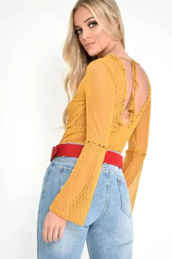 Rebellious Fashion Mustard Plunge Lace Crochet Long Sleeved Bodysuit - Edyn