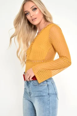 Rebellious Fashion Mustard Plunge Lace Crochet Long Sleeved Bodysuit - Edyn