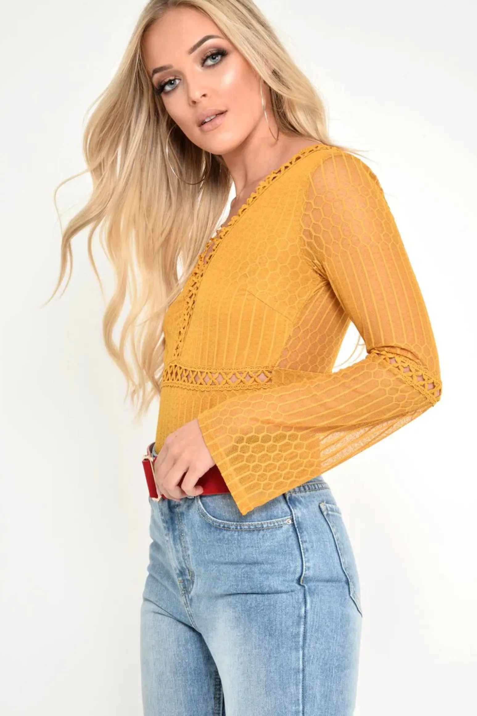 Rebellious Fashion Mustard Plunge Lace Crochet Long Sleeved Bodysuit - Edyn