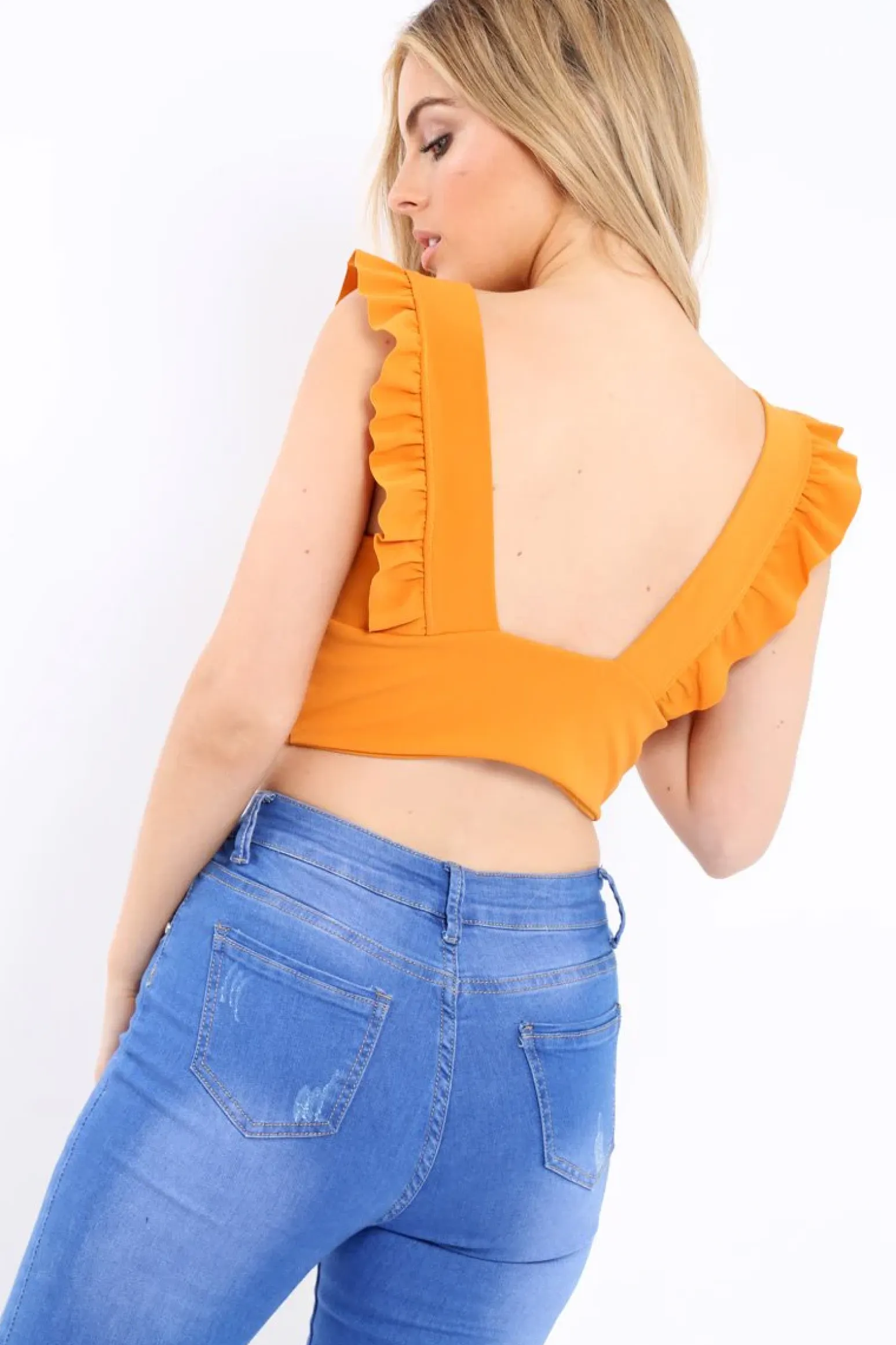 Rebellious Fashion Mustard Plunge Ruffle Crop Top - Sofia