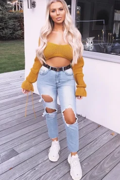 Rebellious Fashion Mustard Plunge Sleeve Detail Crop Jumper - Ivree
