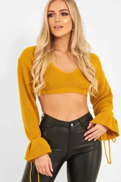Rebellious Fashion Mustard Plunge Sleeve Detail Crop Jumper - Ivree
