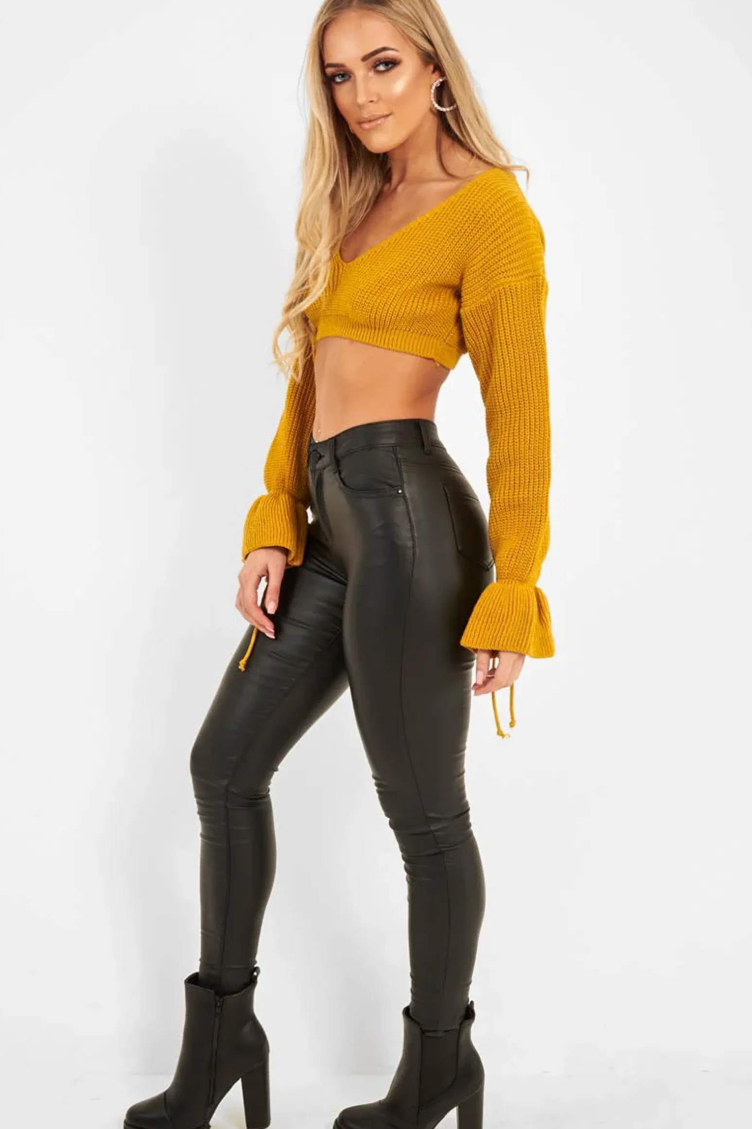 Rebellious Fashion Mustard Plunge Sleeve Detail Crop Jumper - Ivree