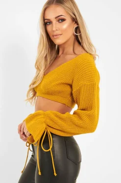 Rebellious Fashion Mustard Plunge Sleeve Detail Crop Jumper - Ivree