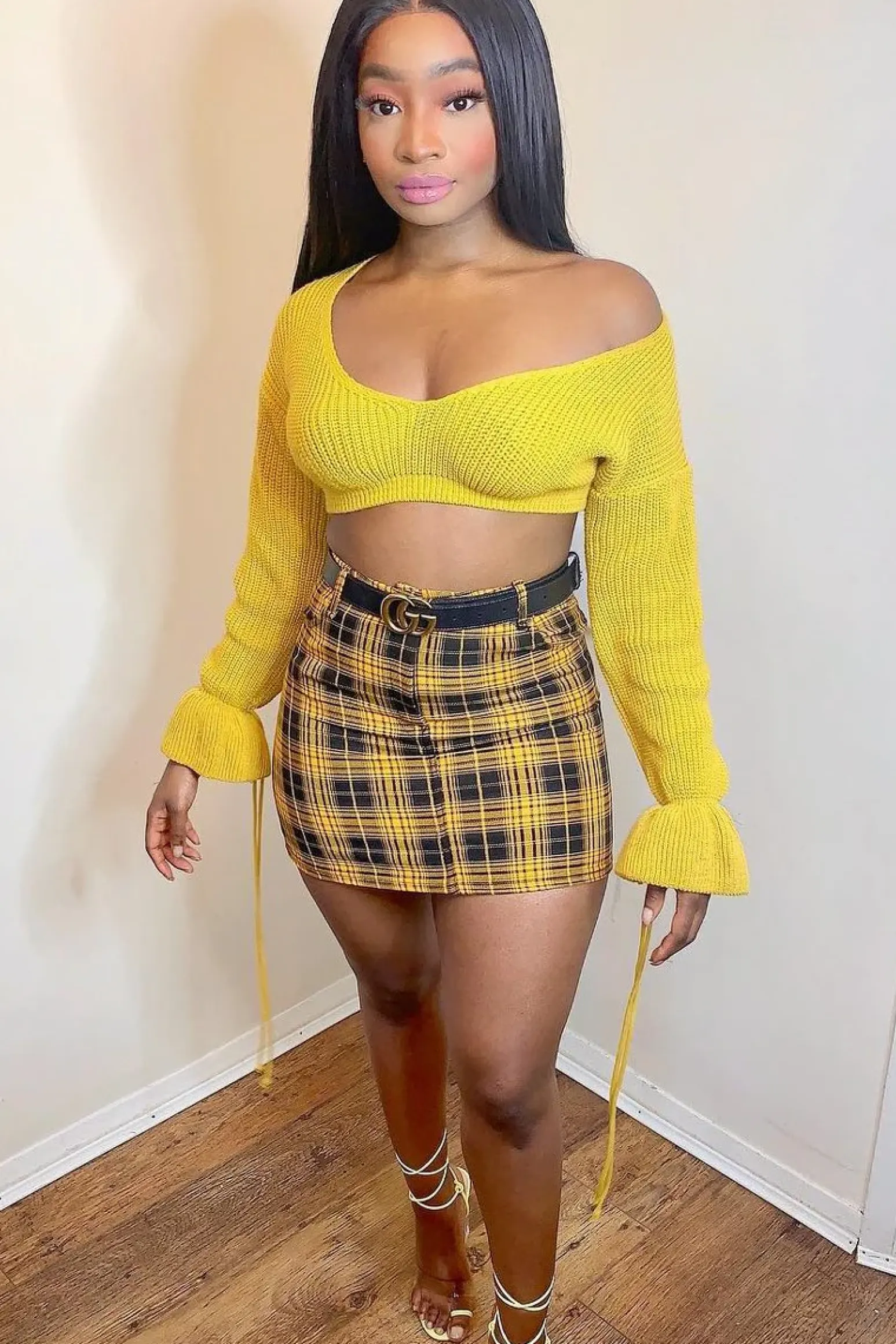 Rebellious Fashion Mustard Plunge Sleeve Detail Crop Jumper - Ivree