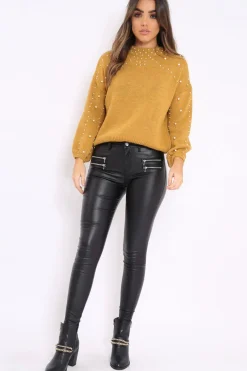 Rebellious Fashion Mustard Puff Sleeve Pearl Chunky Knit Jumper - Nancie