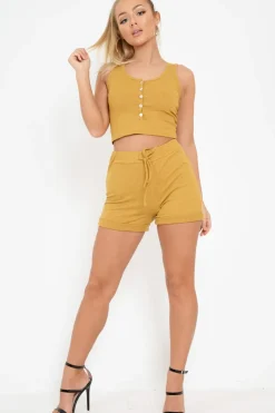 Rebellious Fashion Mustard Ribbed Button Top And Shorts Co-ord - Kenidi