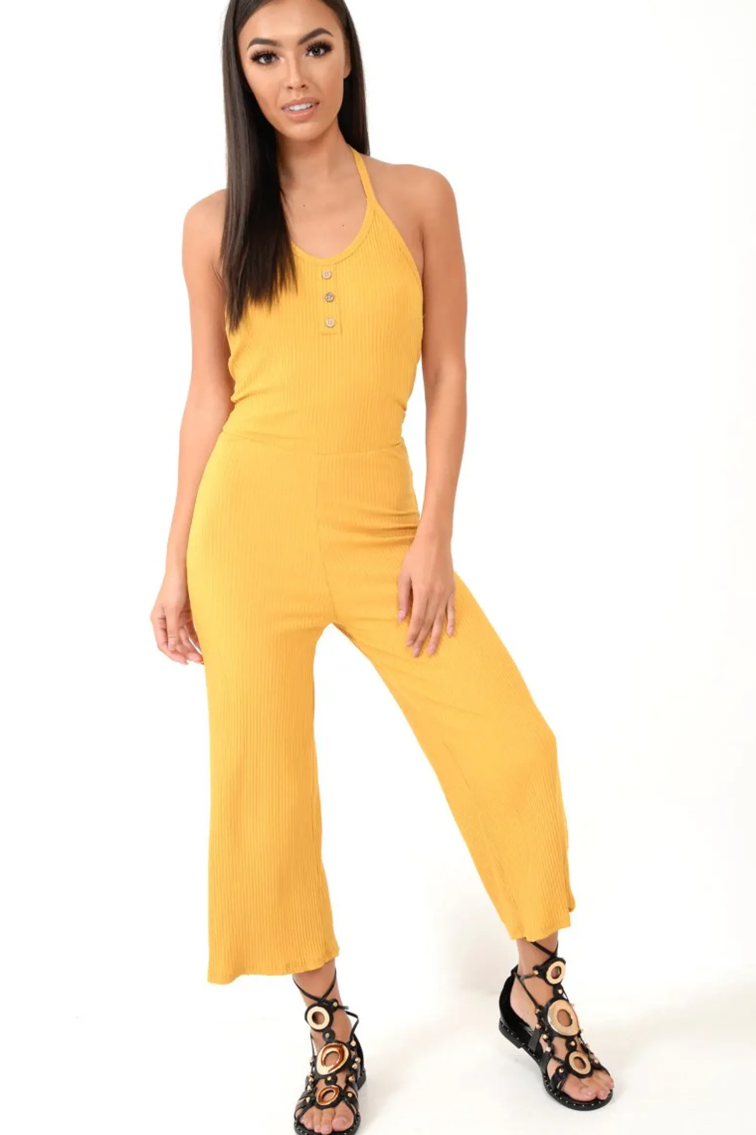 Rebellious Fashion Mustard Rib Halterneck Button Front Jumpsuit - Calirose