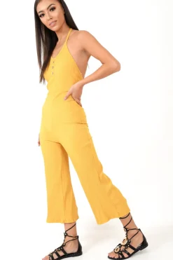 Rebellious Fashion Mustard Rib Halterneck Button Front Jumpsuit - Calirose