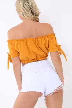 Rebellious Fashion Mustard Ruched Bardot Gypsy Crop Top - Janette