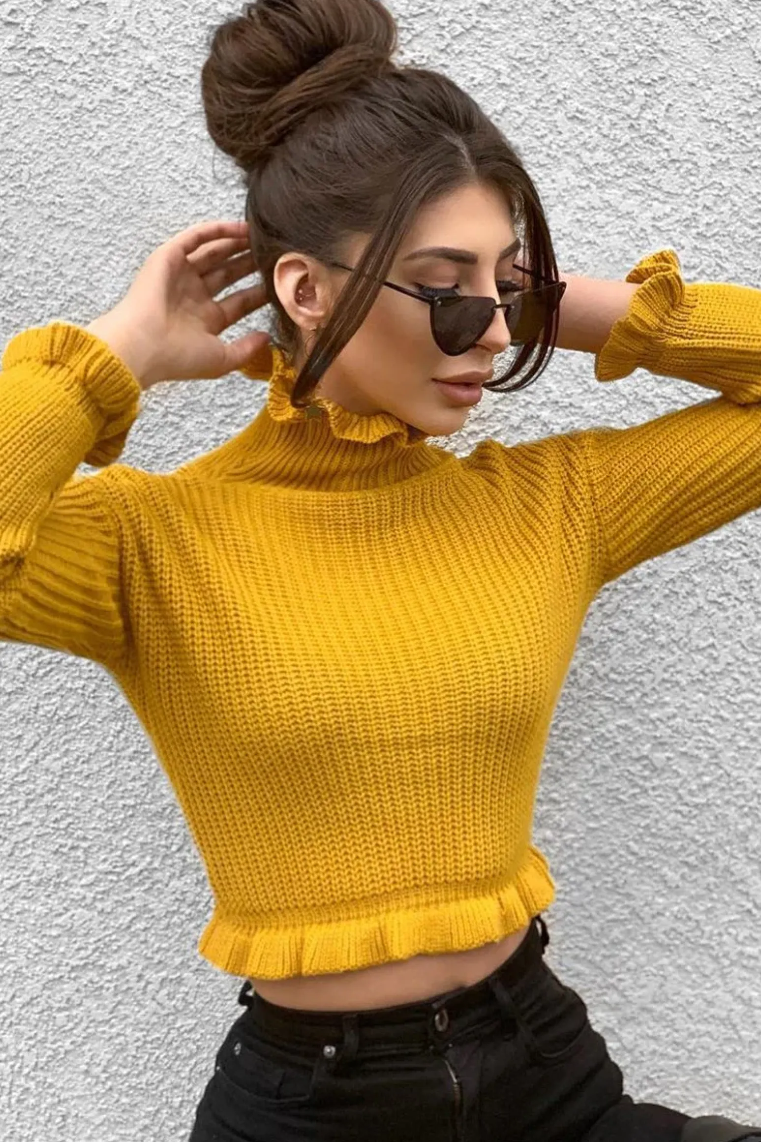 Rebellious Fashion Mustard Ruffle Hem Chunky Knit Crop Jumper - Alannah